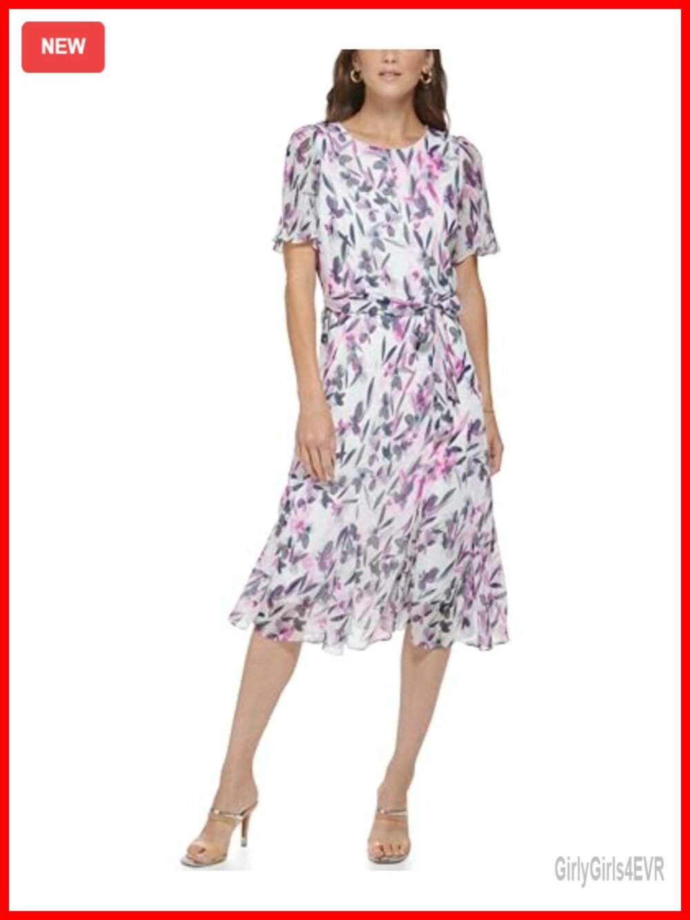 DKNY Flutter Sleeve Round Neck Waist Tie Midi Dress Fit Flare Casual